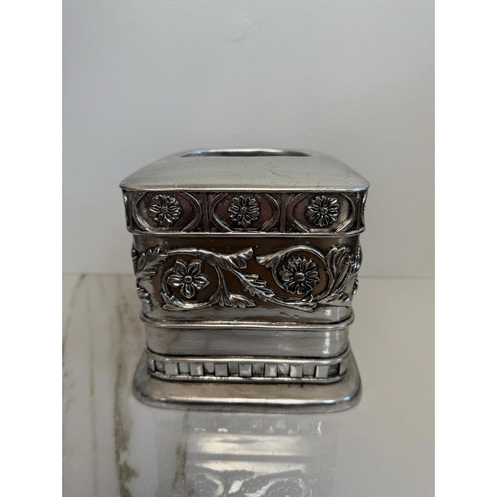 Metallic Finish Embellished Resin Tissue Box Cover Hollywood Regency Repousse